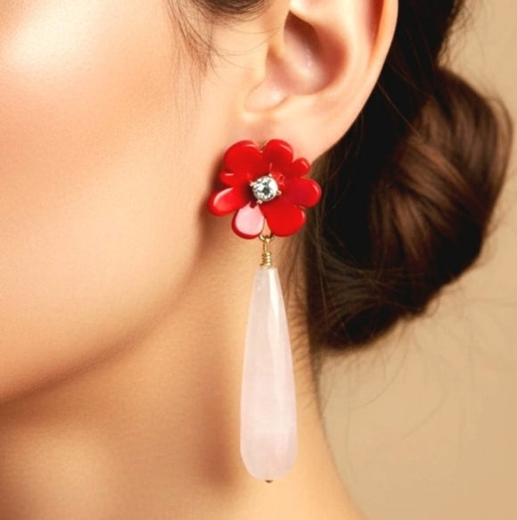 Red Floral Drop Earrings Women Jewelry - Picture 2 of 3